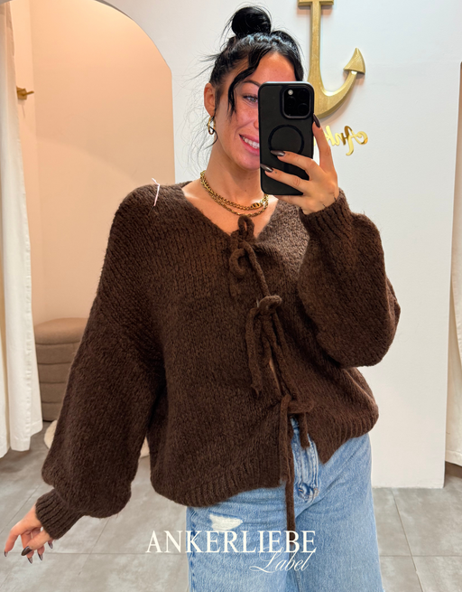 zoey bow | chocolate cardigan
