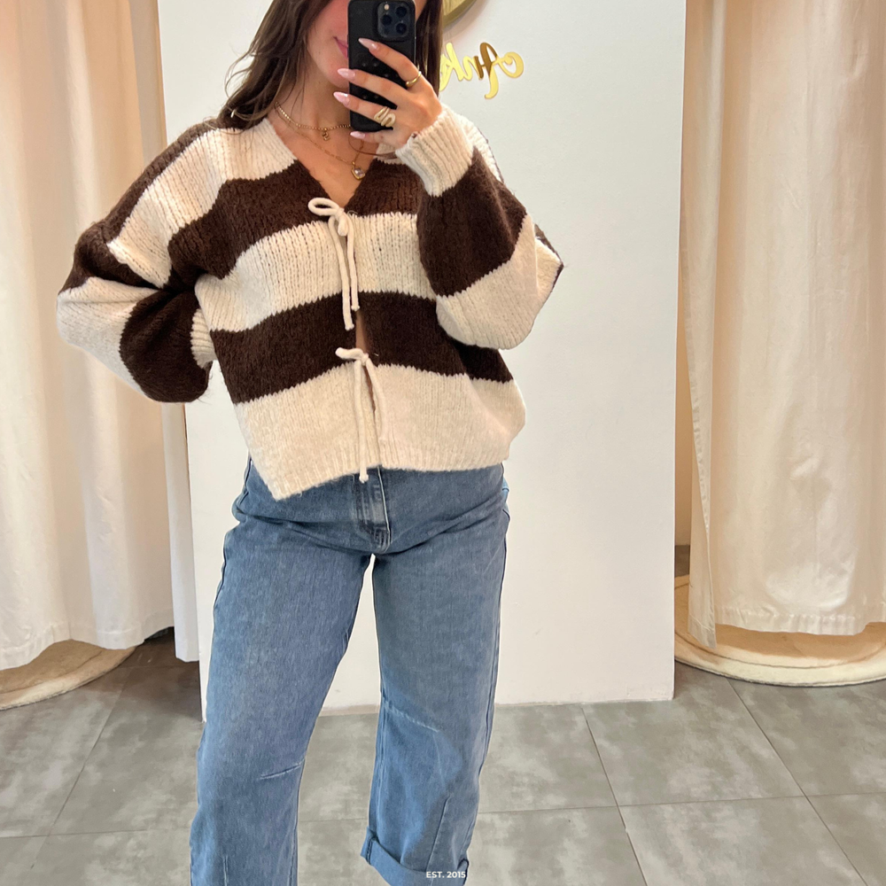 zoey bow | brown striped cardigan