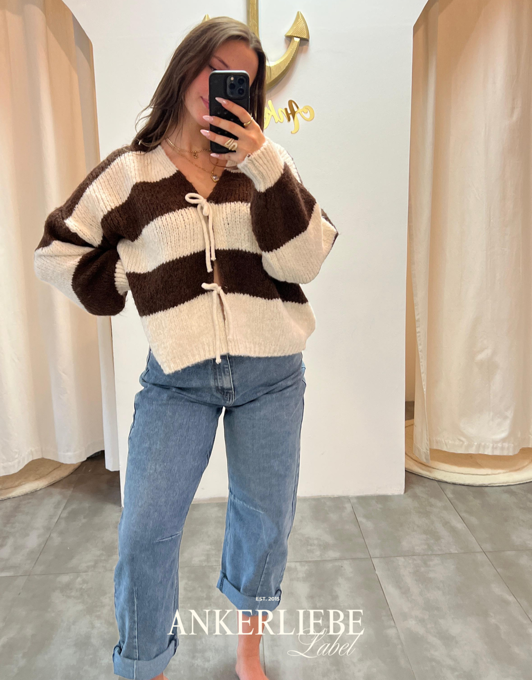 image zoey bow | brown striped cardigan