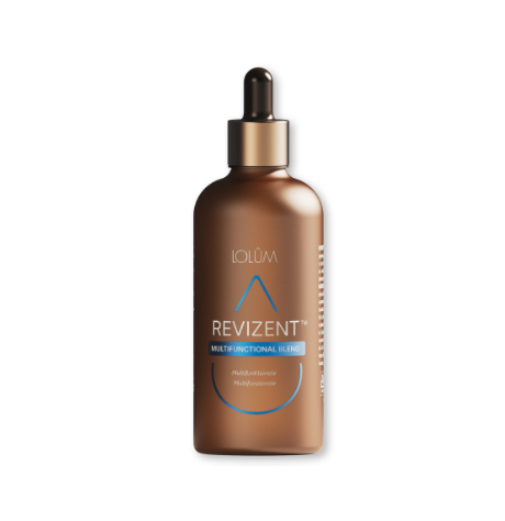 REVIZENT ätherische Ölmischung in einer 50ml-Braunglasflasche mit natürlichem Etikett auf hellem Hintergrund