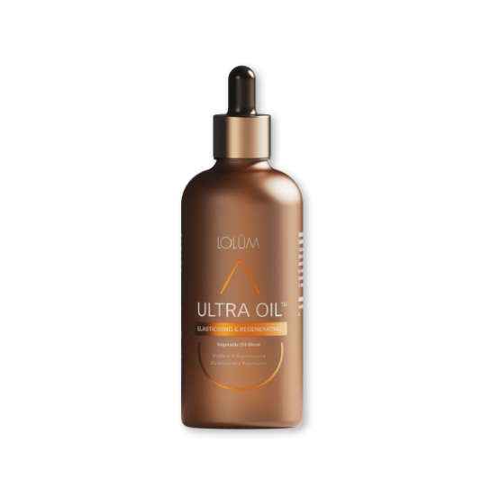 Braune Glasflasche mit Pipette, Aufschrift „LOLUM ULTRA OIL – Firming & Regenerating“. Pflanzliche Haut- und Haarpflege für Elastizität, Regeneration und intensive Feuchtigkeit.