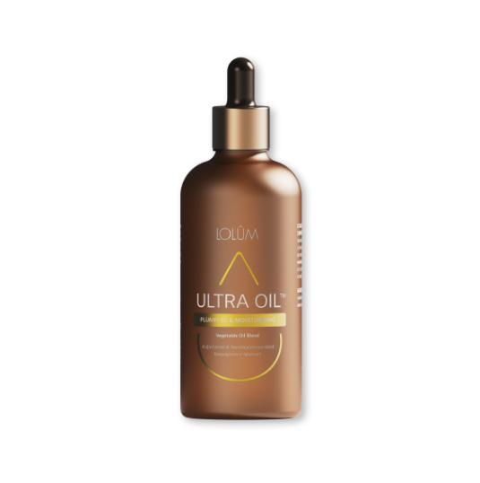 Braune Glasflasche mit Pipette, beschriftet mit „LOLUM ULTRA OIL – Plumping & Hydrating“. Hochwertige Pflanzenölmischung für aufpolsternde Feuchtigkeitspflege von Haut & Haar.