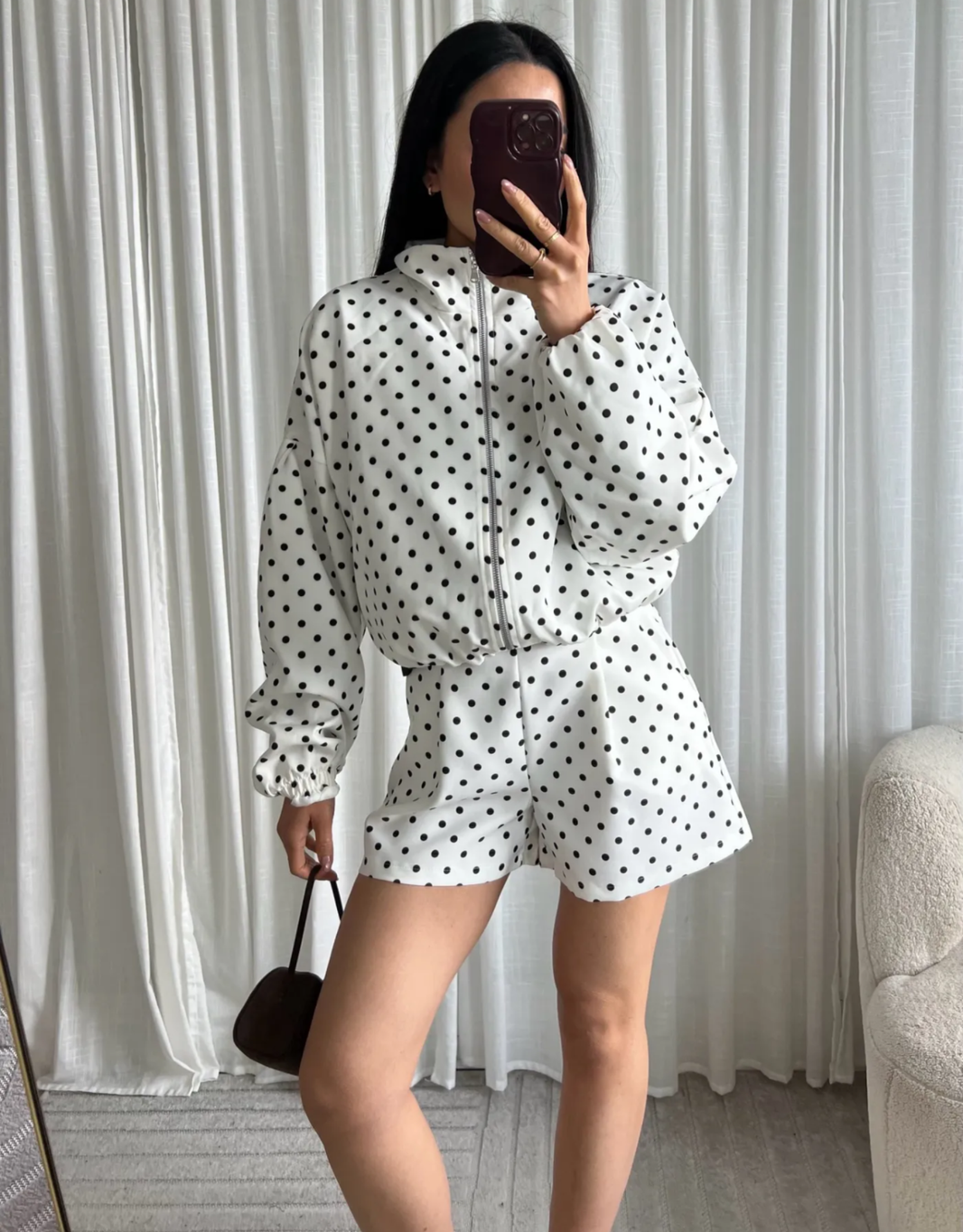 polka dot funnel neck jacke | weiß