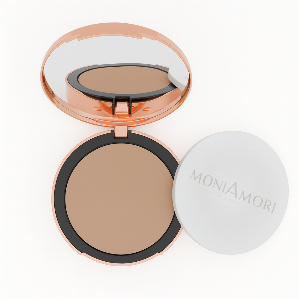 MoniAmori Compact Foundation – vegane Puder-Make-up mit LSF 30 in 5 Farben, perfekt für einen glatten, geschützten Teint.