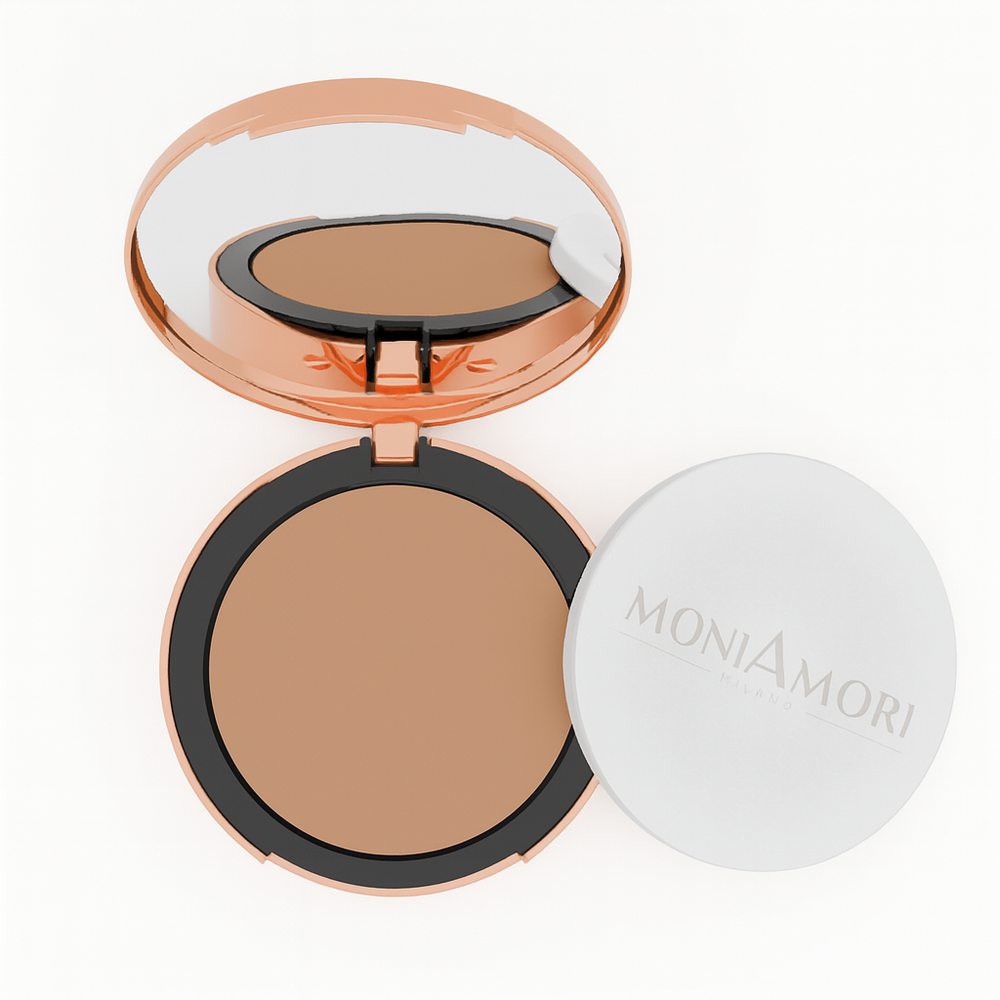 MoniAmori Compact Foundation – vegane Puder-Make-up mit LSF 30 in 5 Farben, perfekt für einen glatten, geschützten Teint.