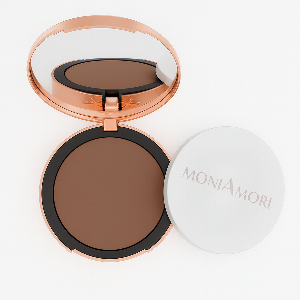 MoniAmori Compact Foundation – vegane Puder-Make-up mit LSF 30 in 5 Farben, perfekt für einen glatten, geschützten Teint.