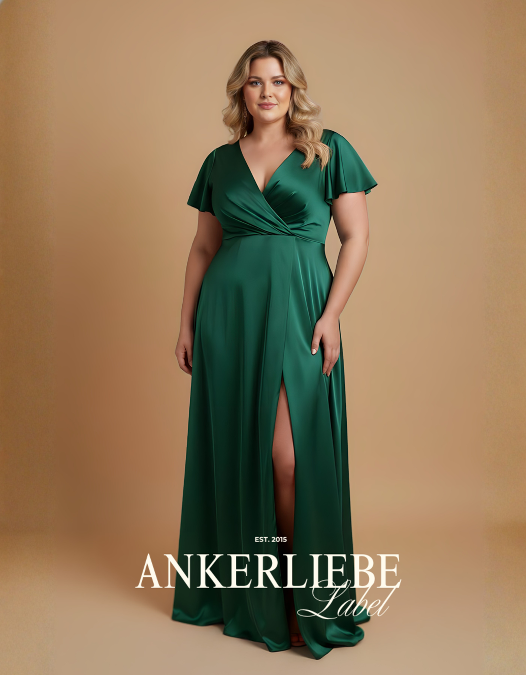 abendkleid mit v-ausschnitt, beinschlitz und weiten ärmeln | smaragd - QS