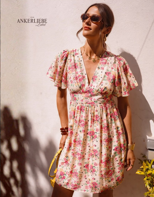 Florales Mini-Sommerkleid mit weiten Ärmeln | creme
