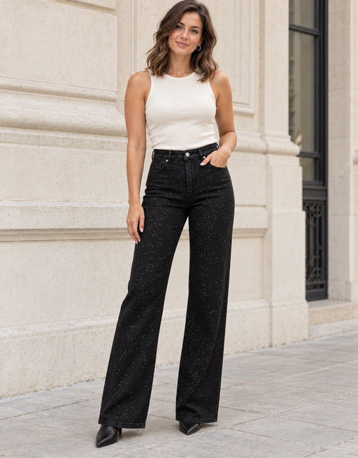 wide leg full strass schwarz | soft denim