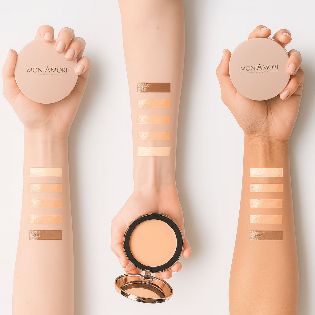 MoniAmori Compact Foundation – vegane Puder-Make-up mit LSF 30 in 5 Farben, perfekt für einen glatten, geschützten Teint.