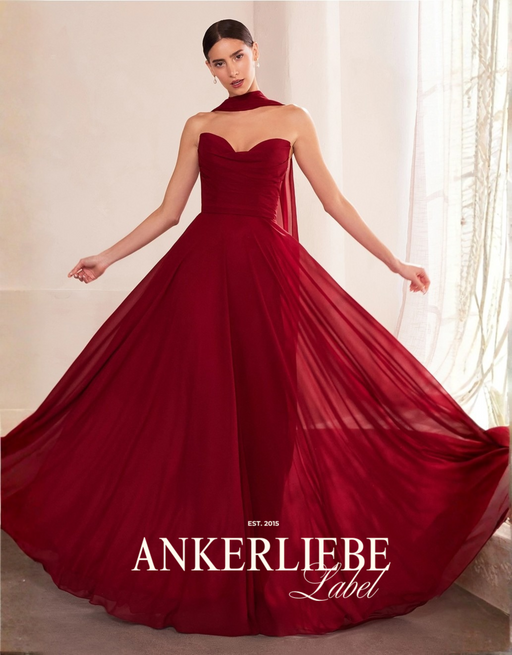 trägerloses a-linien-chiffonkleid mit schal und schnürung | burgund