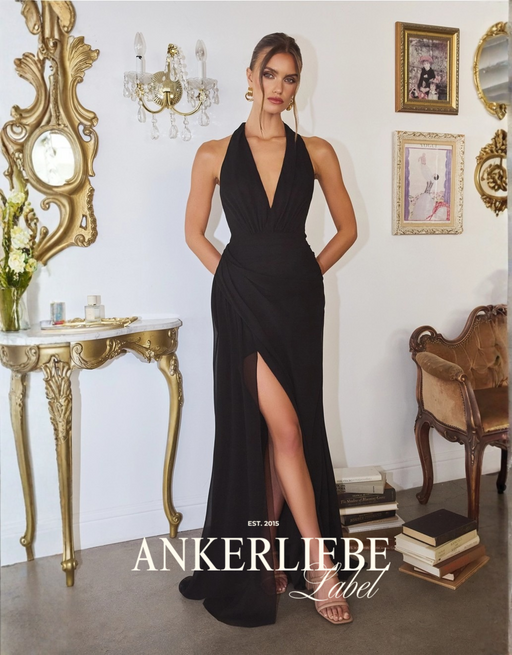 neckholder-abendkleid mit geraffte taille und hoher beinschlitz | schwarz