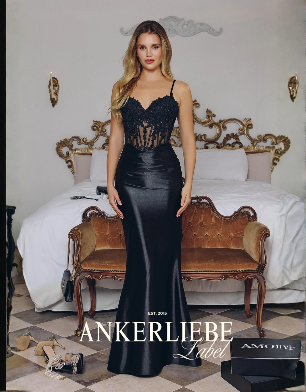 figurbetontes abendkleid mit transparentem corsagenoberteil und schnürung | schwarz