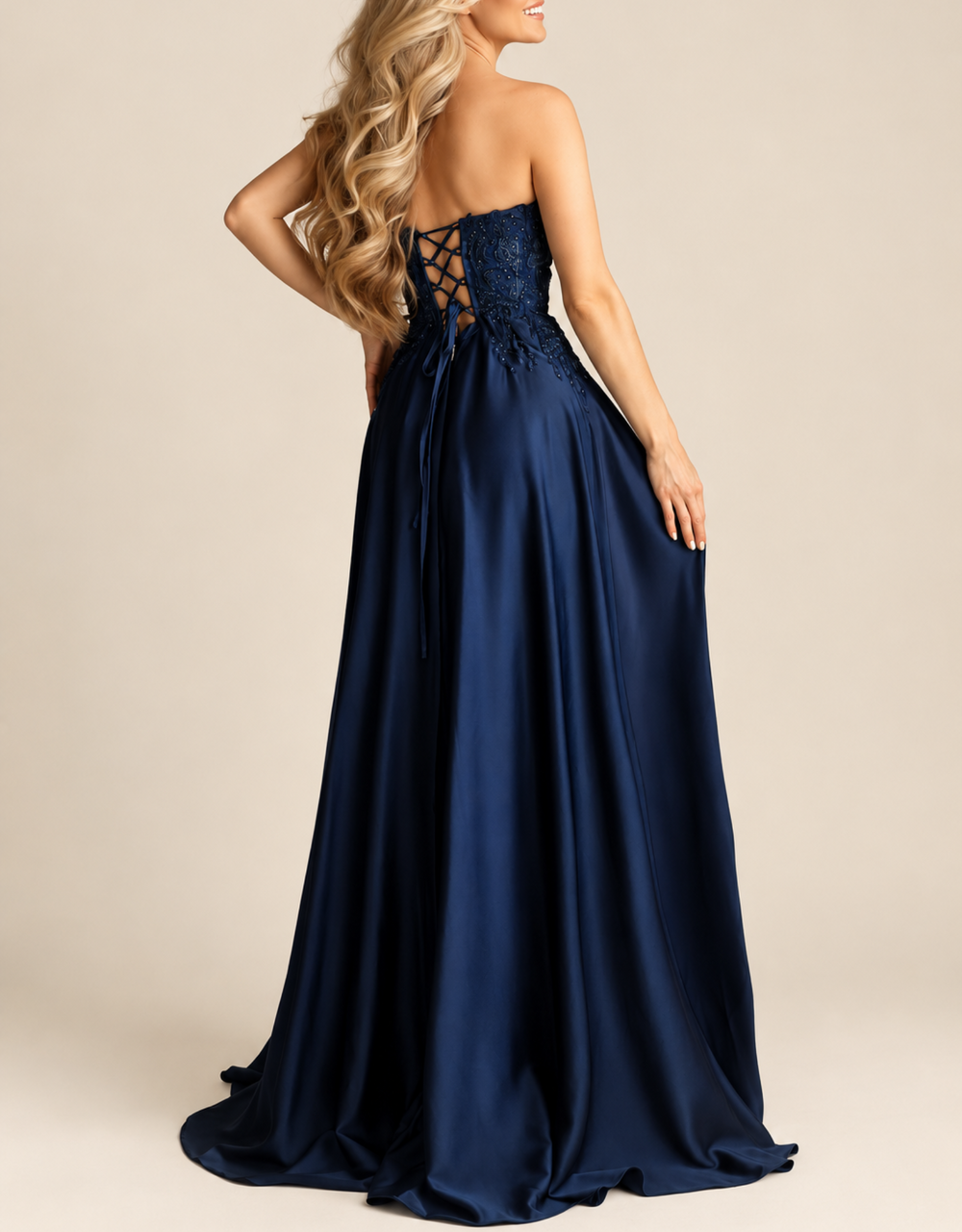 satin abendkleid mit bestickter corsage & beinschlitz | dunkelblau