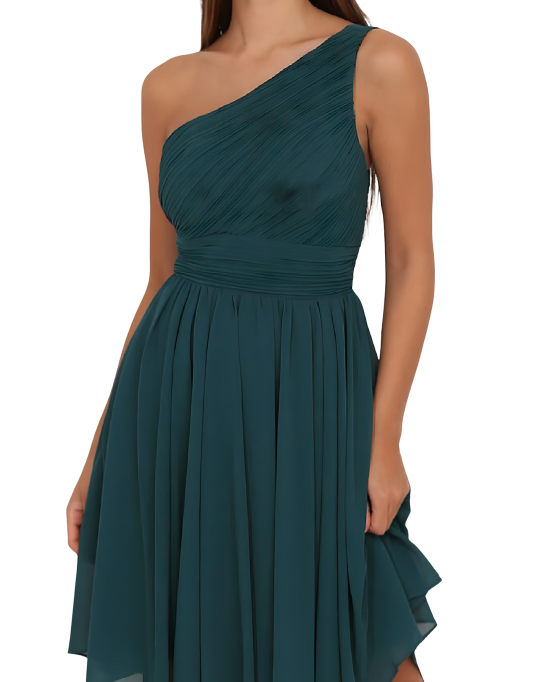 image Fließendes One-Shoulder Cocktailkleid mit gerafftem Oberteil | Petrol