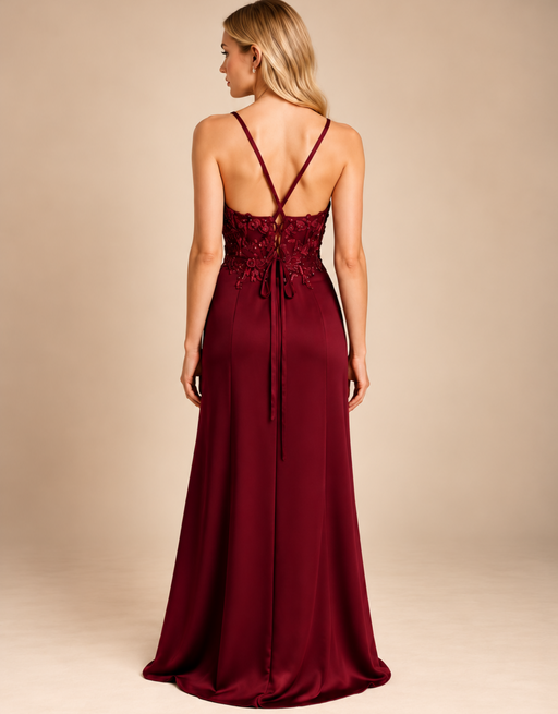 schmal geschnittenes kleid mit spitzenoberteil | burgund