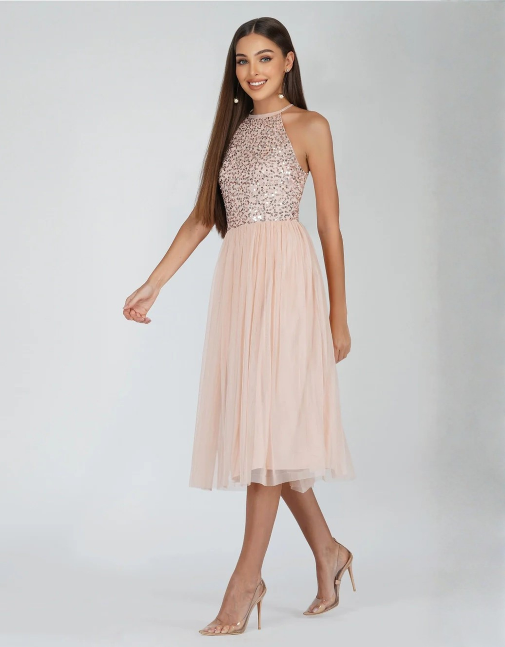 Midi-Abendkleid mit schimmerndem Halterneck-Oberteil und Tüllrock | Zartrosa