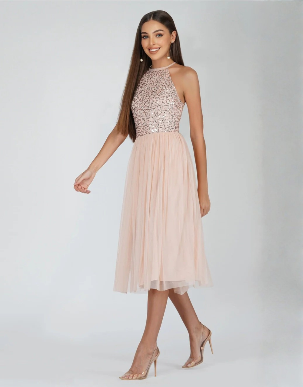 Midi-Abendkleid mit schimmerndem Halterneck-Oberteil und Tüllrock | Zartrosa