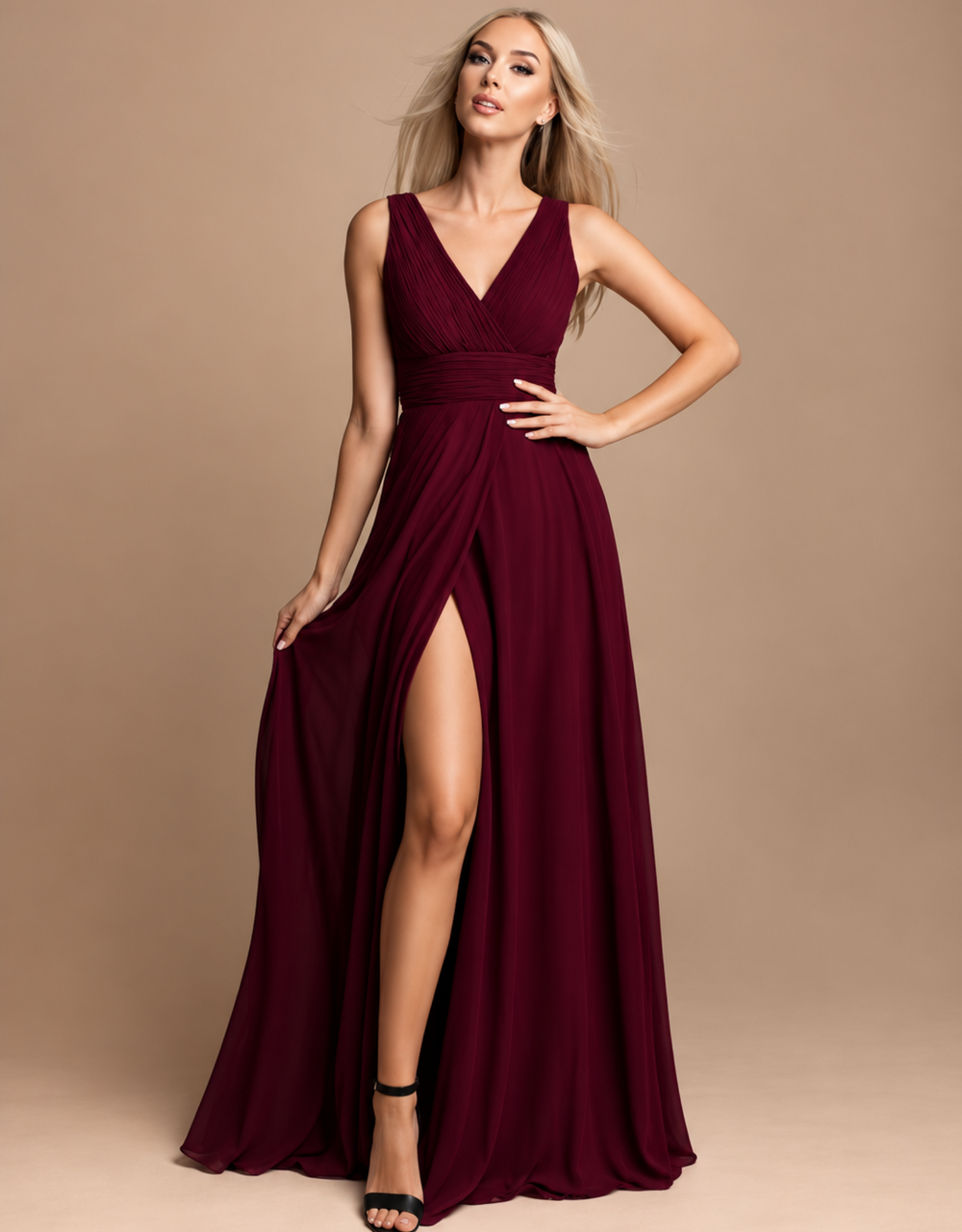 schlichtes chiffon kleid mit breiten trägern | burgund