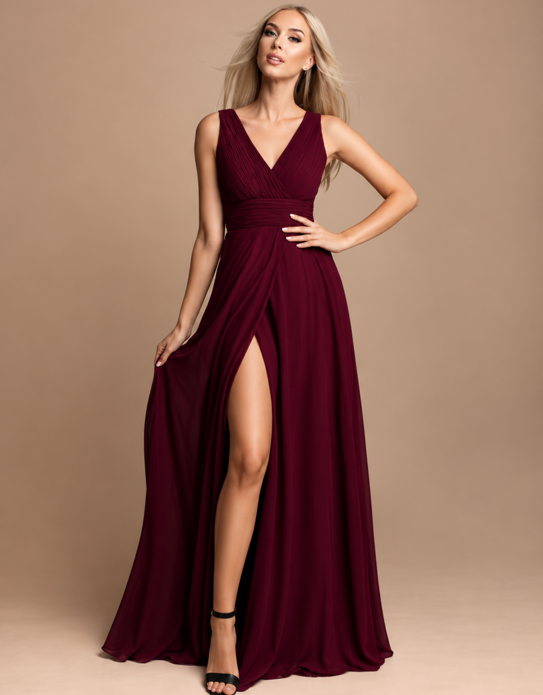 schlichtes chiffon kleid mit breiten trägern | burgund