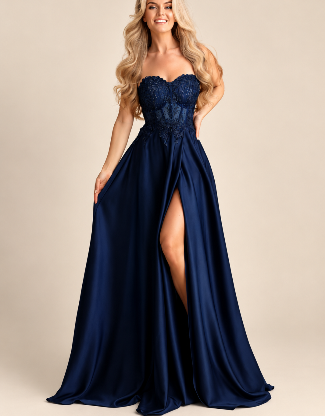 satin abendkleid mit bestickter corsage & beinschlitz | dunkelblau