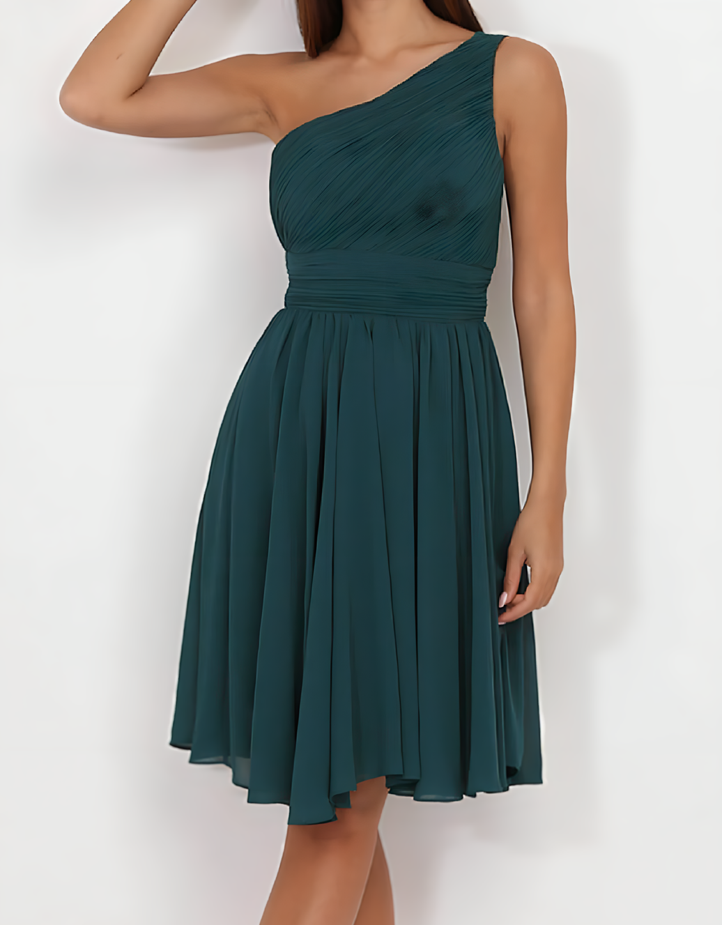 Fließendes One-Shoulder Cocktailkleid mit gerafftem Oberteil | Petrol