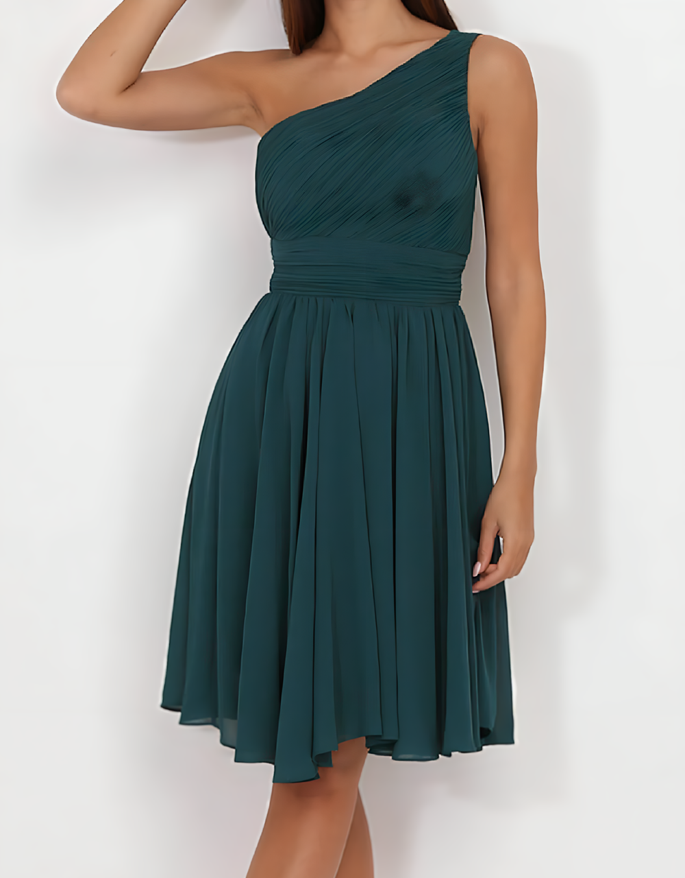 Fließendes One-Shoulder Cocktailkleid mit gerafftem Oberteil | Petrol