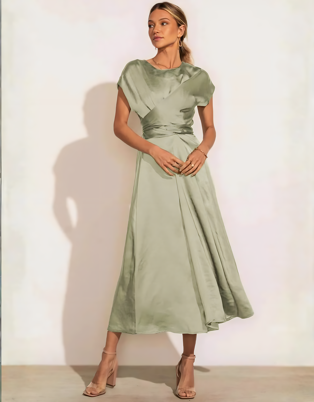 Fließendes Satin-Wickelkleid mit Bindegürtel und kurzen Ärmeln | Salbei