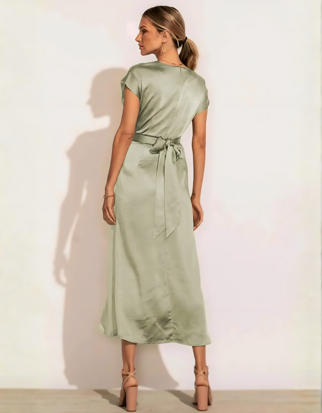 image Fließendes Satin-Wickelkleid mit Bindegürtel und kurzen Ärmeln | Salbei