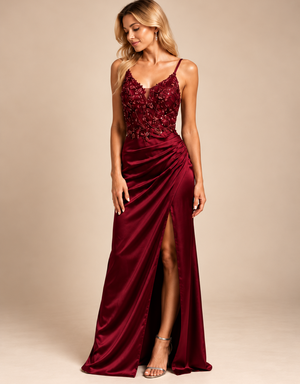 schmal geschnittenes kleid mit spitzenoberteil | burgund