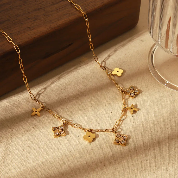 Wholesale-Jewelry-Elegant-Romantic-Sweet-Four-Leaf-Clover-Flower-304-Stainless-Steel-Zircon-18K-Gold-Plated-Pendant-Necklace