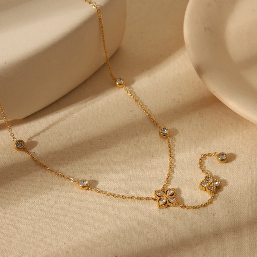 Wholesale-Jewelry-French-Style-Commute-Four-Leaf-Clover-Solid-Color-Flower-304-Stainless-Steel-Zircon-18K-Gold-Plated-Inlay-Bracelets-Earrings-Necklace-display-picture-3