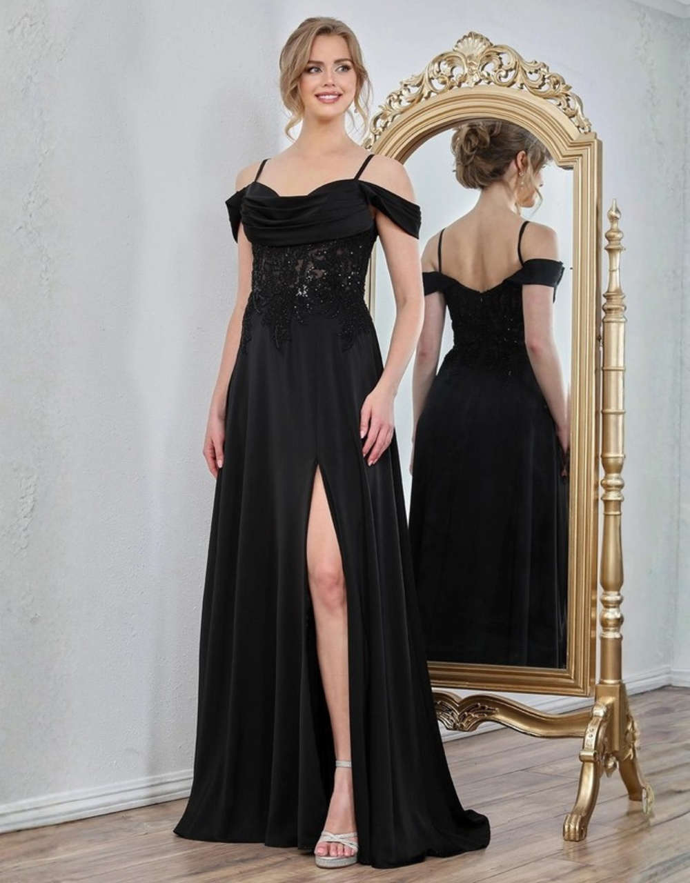 Langes Kleid mit Carmen-Ausschnitt, Spaghettiträgern & Beinschlitz | Schwarz