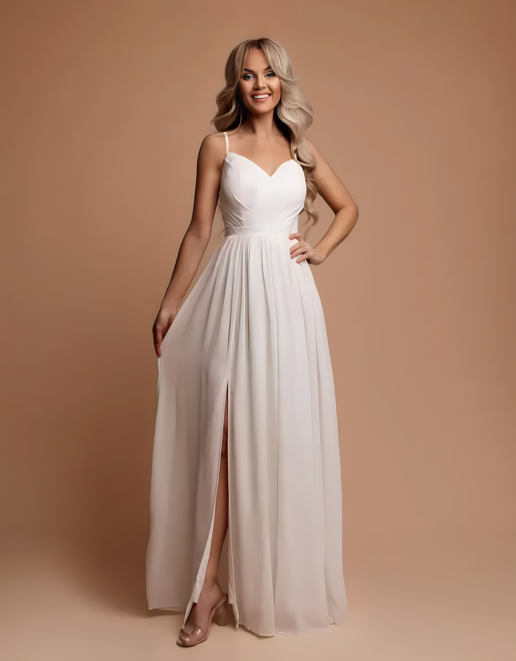 Fließendes Abendkleid mit Beinschlitz und verstellbaren Trägern | Weiß
