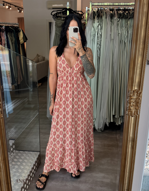 leichtes Boho-Maxikleid mit tiefem Rückenausschnitt und Schnürung | beige/rot