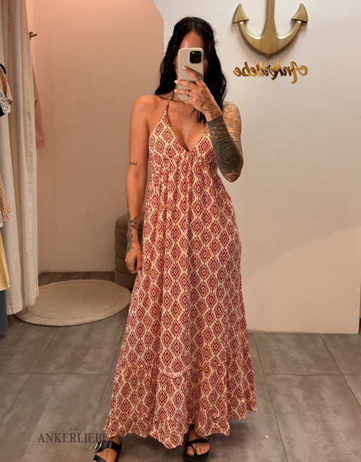 leichtes Boho-Maxikleid mit tiefem Rückenausschnitt und Schnürung | beige/rot