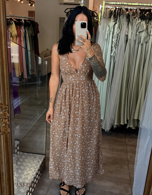 leichtes Maxikleid mit feinem Blumenprint, Taillenraffung und Beinschlitz | taupe