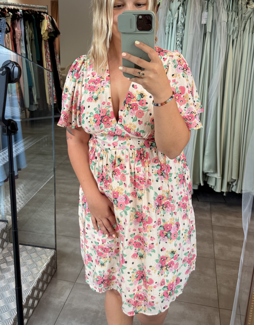 Florales Mini-Sommerkleid mit weiten Ärmeln | creme
