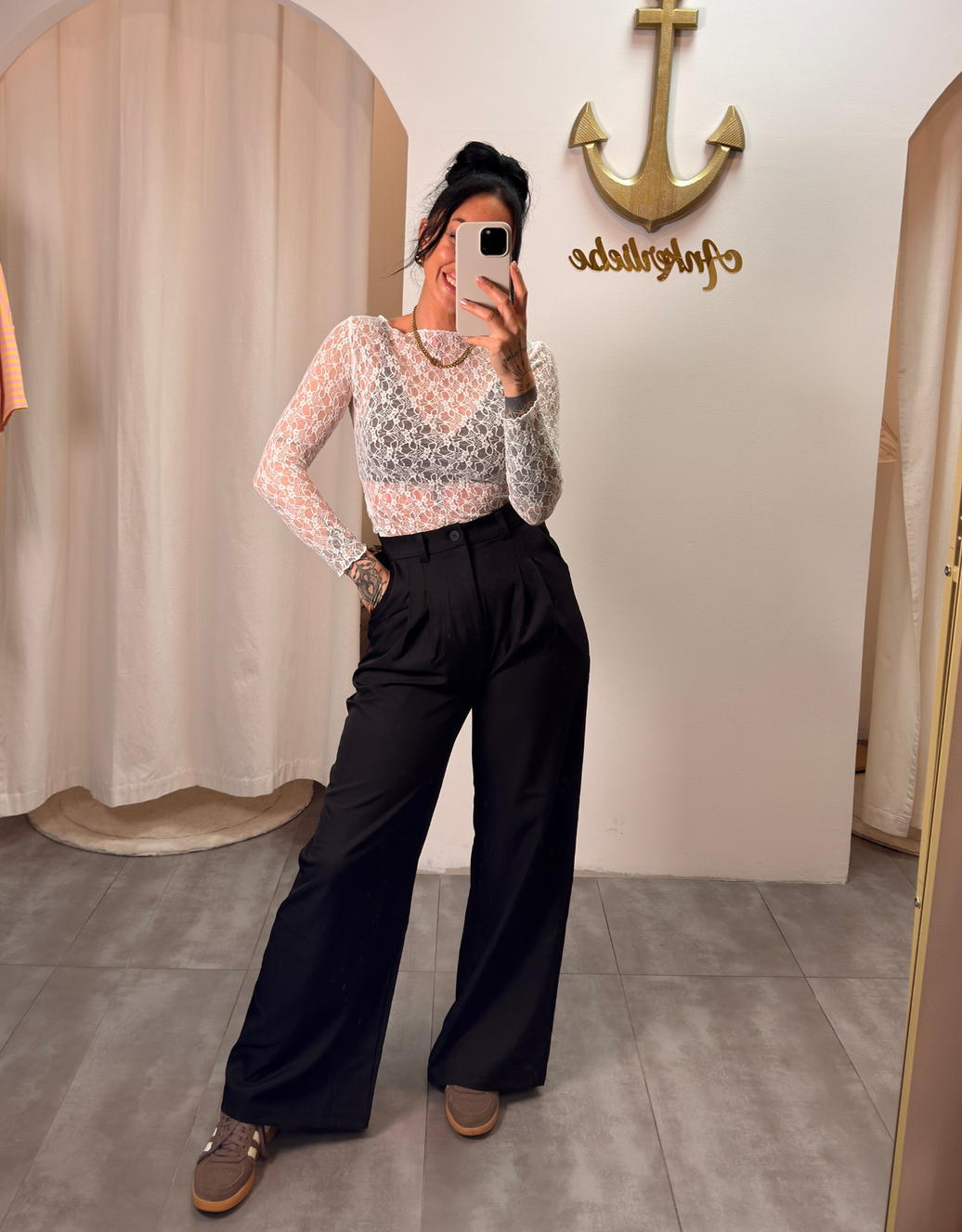 high waist anzughose mit weitem bein | schwarz