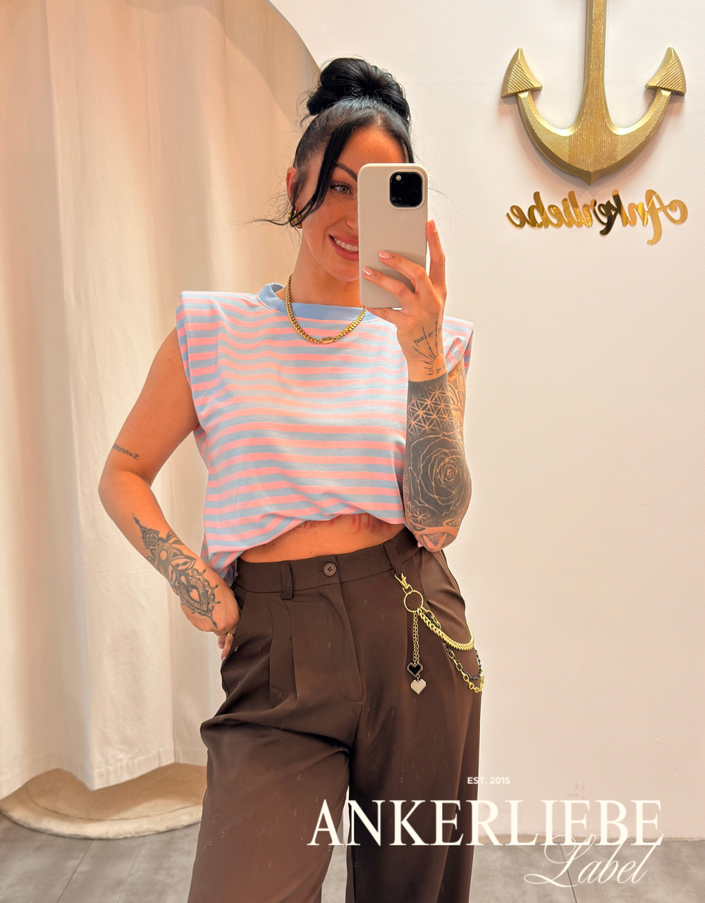 ärmelloses gestreiftes shirt | blau/rosa