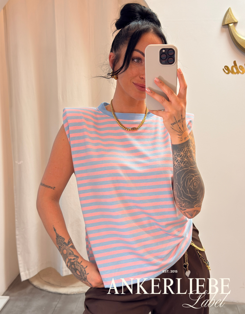 ärmelloses gestreiftes shirt | blau/rosa