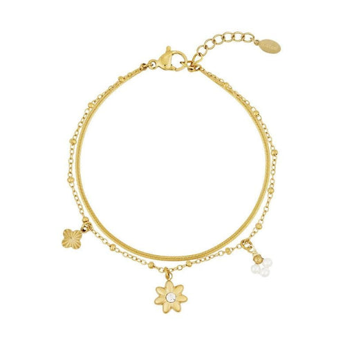 Bloom & Shine Armband in Gold mit Charms in Blumenform auf weißem Hintergrund.