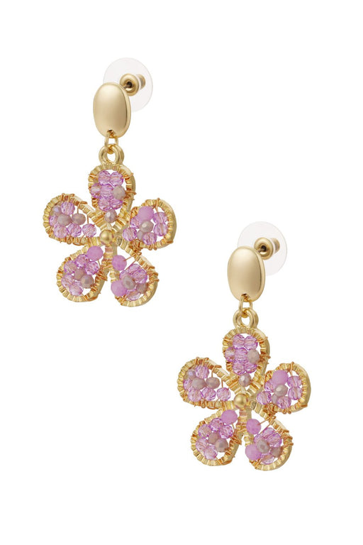 Bloom Pop Ohrhänger in Lila – Blumenform mit goldenen Details, freigestelltes Produktbild