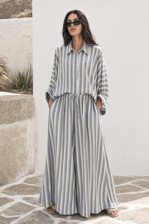 oversize Hemdbluse mit Streifenmuster und Lurexdetails | blau-grau