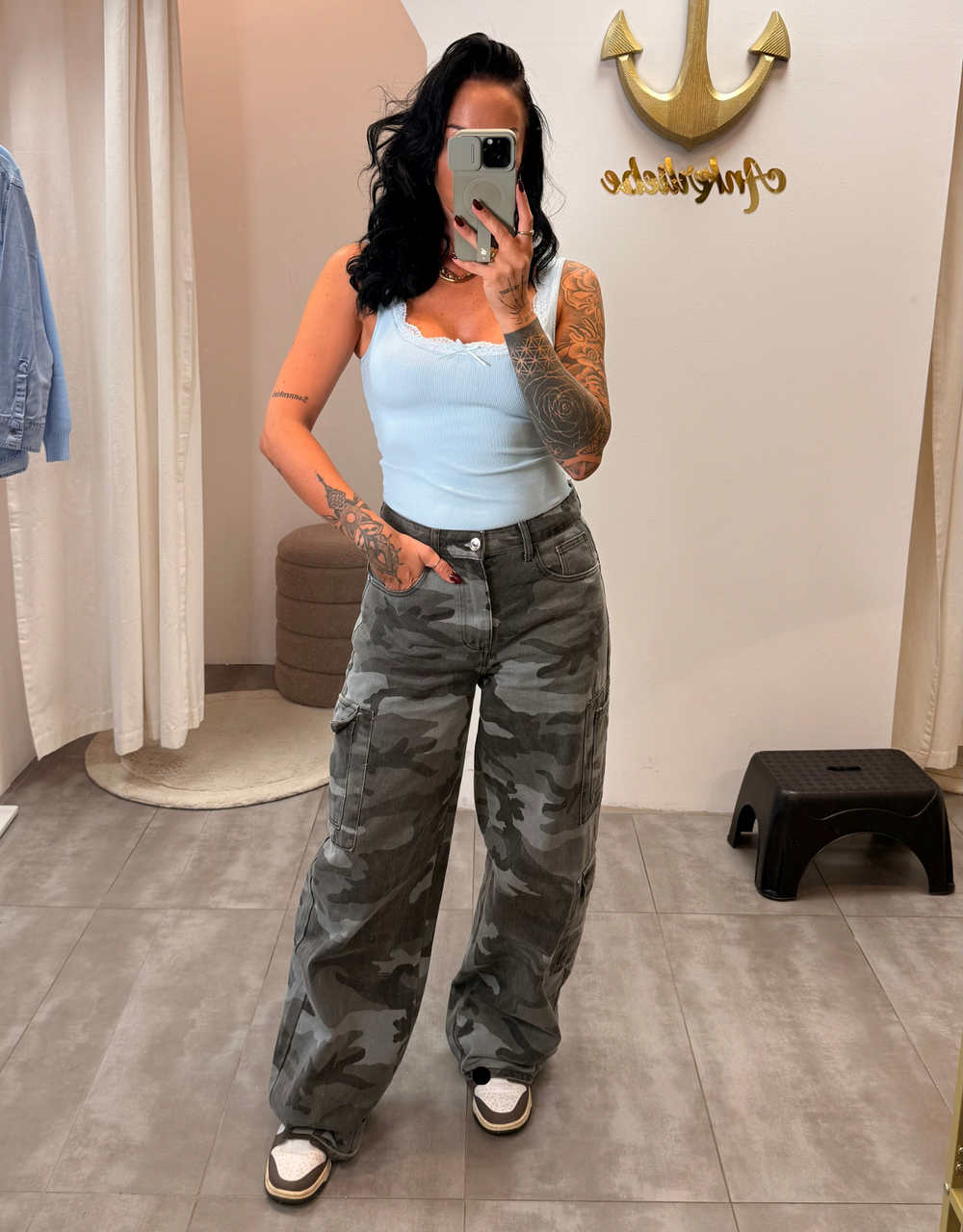 wide leg cargo jean | grey camouflage
