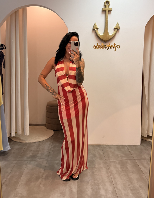 langes mesh-kleid mit streifenmuster | rot/rosa