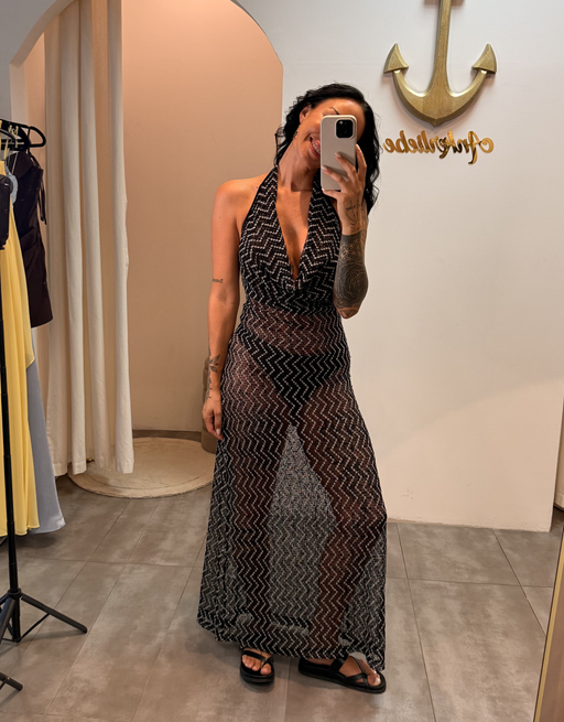 rückenfreies transparentes neckholderkleid | schwarz/weiß