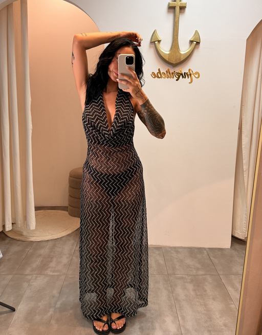 rückenfreies transparentes neckholderkleid | schwarz/weiß
