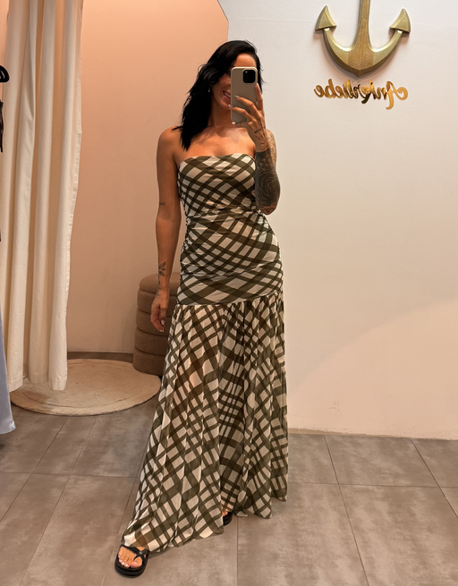 trägerloses mesh-kleid mit karomuster | creme/olive