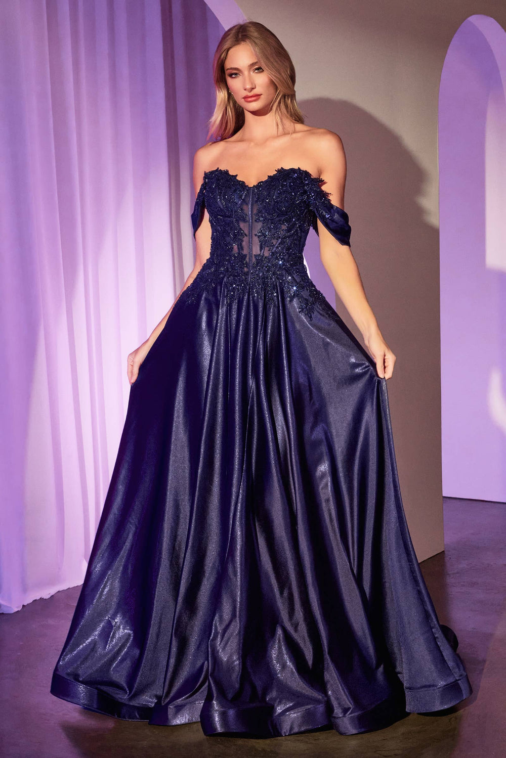 Schulterfreies Spitzen- und Satin-A-Linien-Kleid | Smaragd